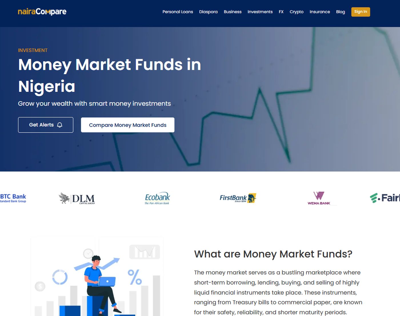 Money Market Funds sub-page using the same hero, provider strip and explainer structure as the parent Investments page.