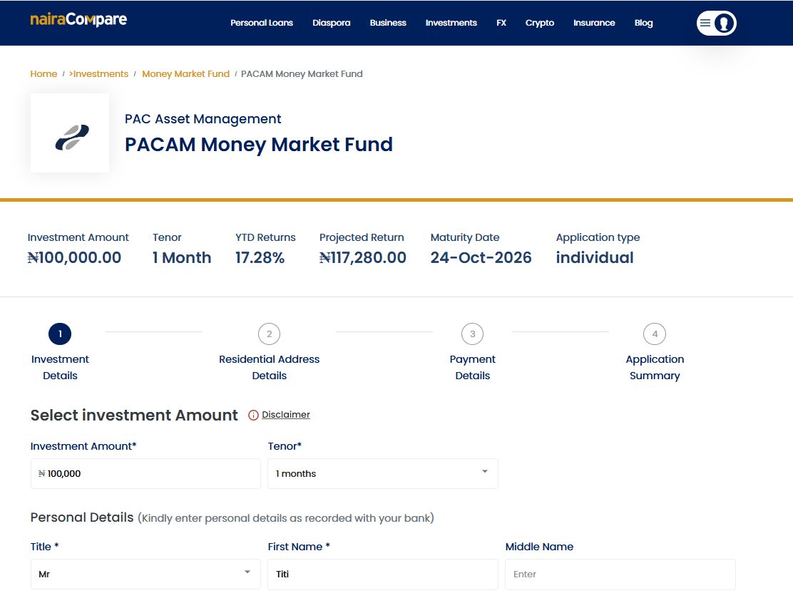 Step one of the investment application, showing the four-step progress indicator and the investment summary pinned above the form.