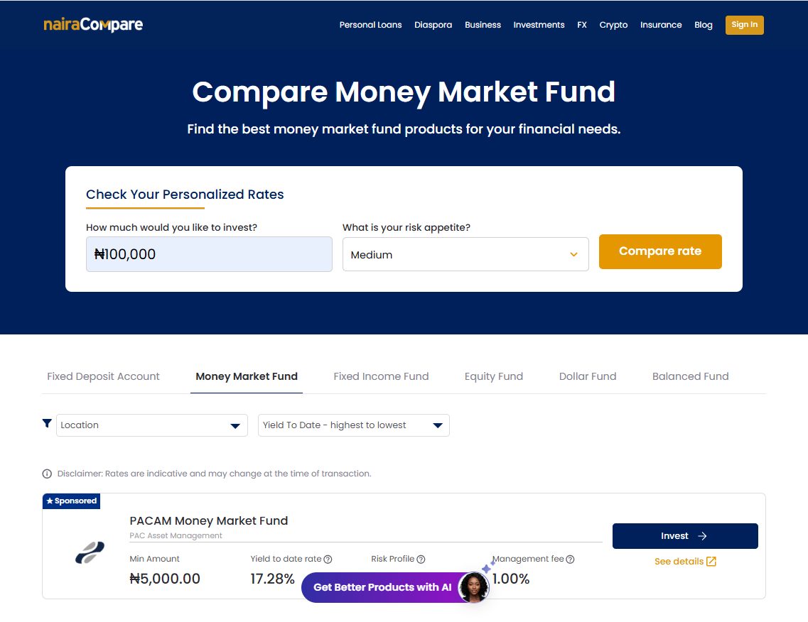 Money market fund comparison page, with an amount and risk appetite filter at the top and provider rows showing yield, risk profile and management fee.