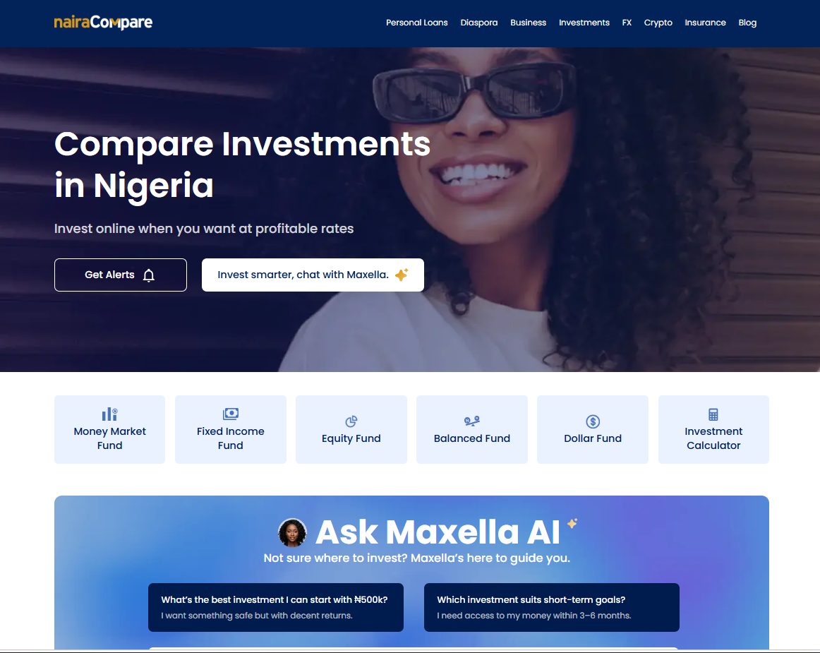 nairaCompare Investments landing page, showing the hero, the fund category chips and the Maxella AI panel.